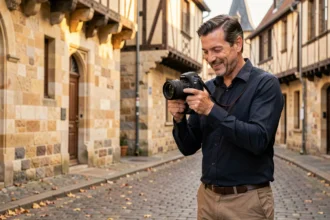 Photographe professionnel à Caen tenant un appareil photo reflex devant une rue historique de la ville