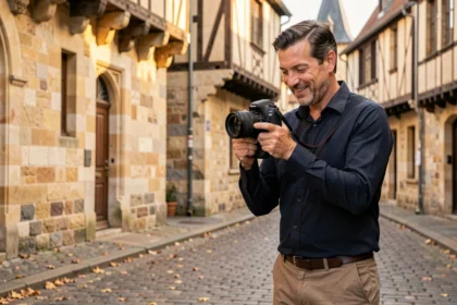 Photographe professionnel à Caen tenant un appareil photo reflex devant une rue historique de la ville