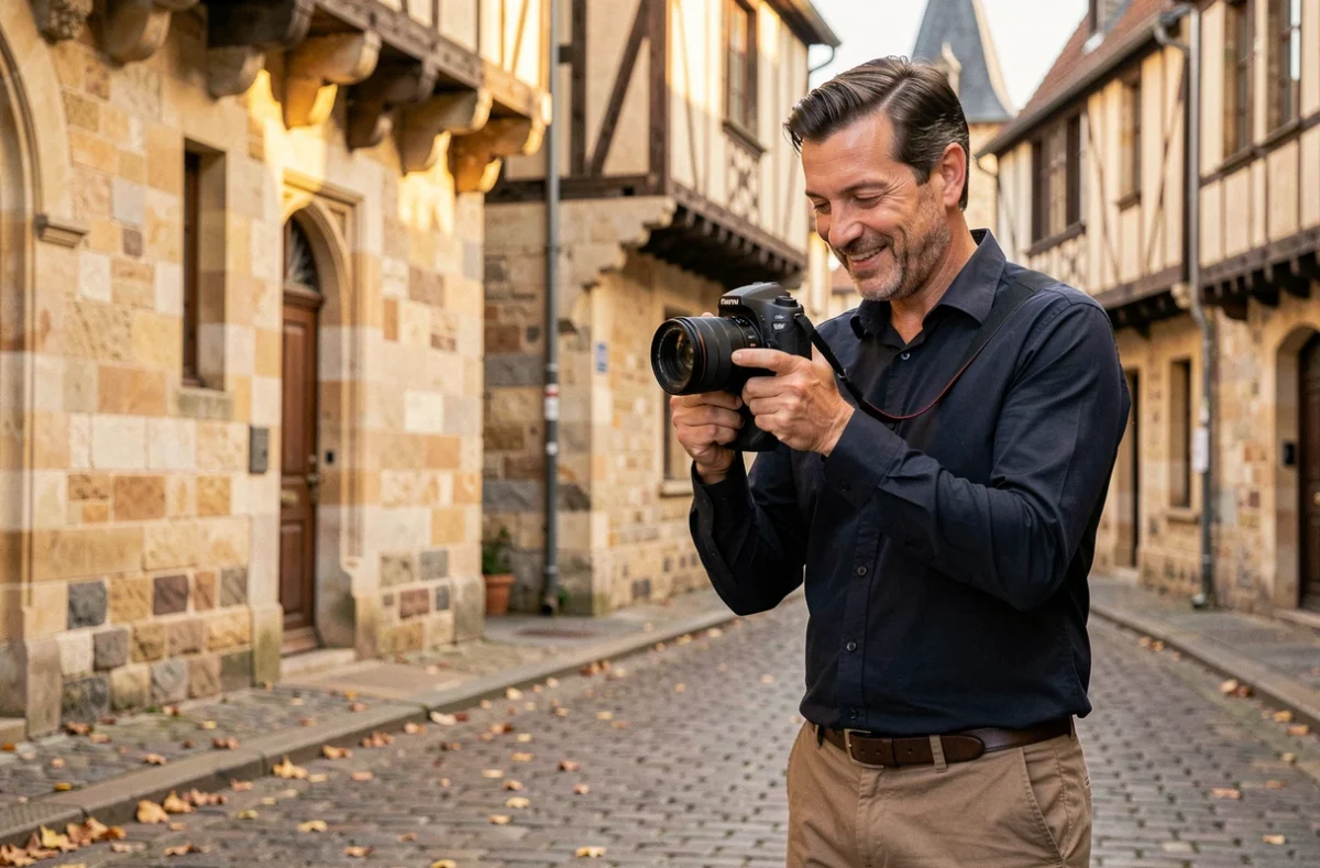 Photographe professionnel à Caen tenant un appareil photo reflex devant une rue historique de la ville