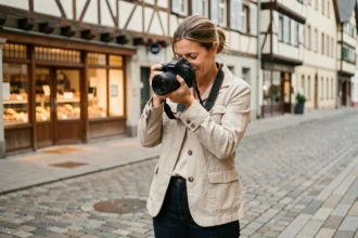 Photographe professionnelle à Schiltigheim ajustant son appareil photo dans une rue alsacienne typique