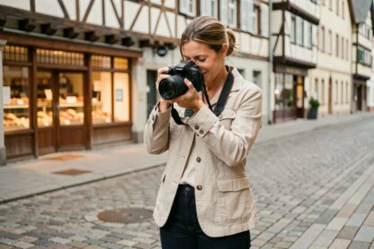 Photographe professionnelle à Schiltigheim ajustant son appareil photo dans une rue alsacienne typique