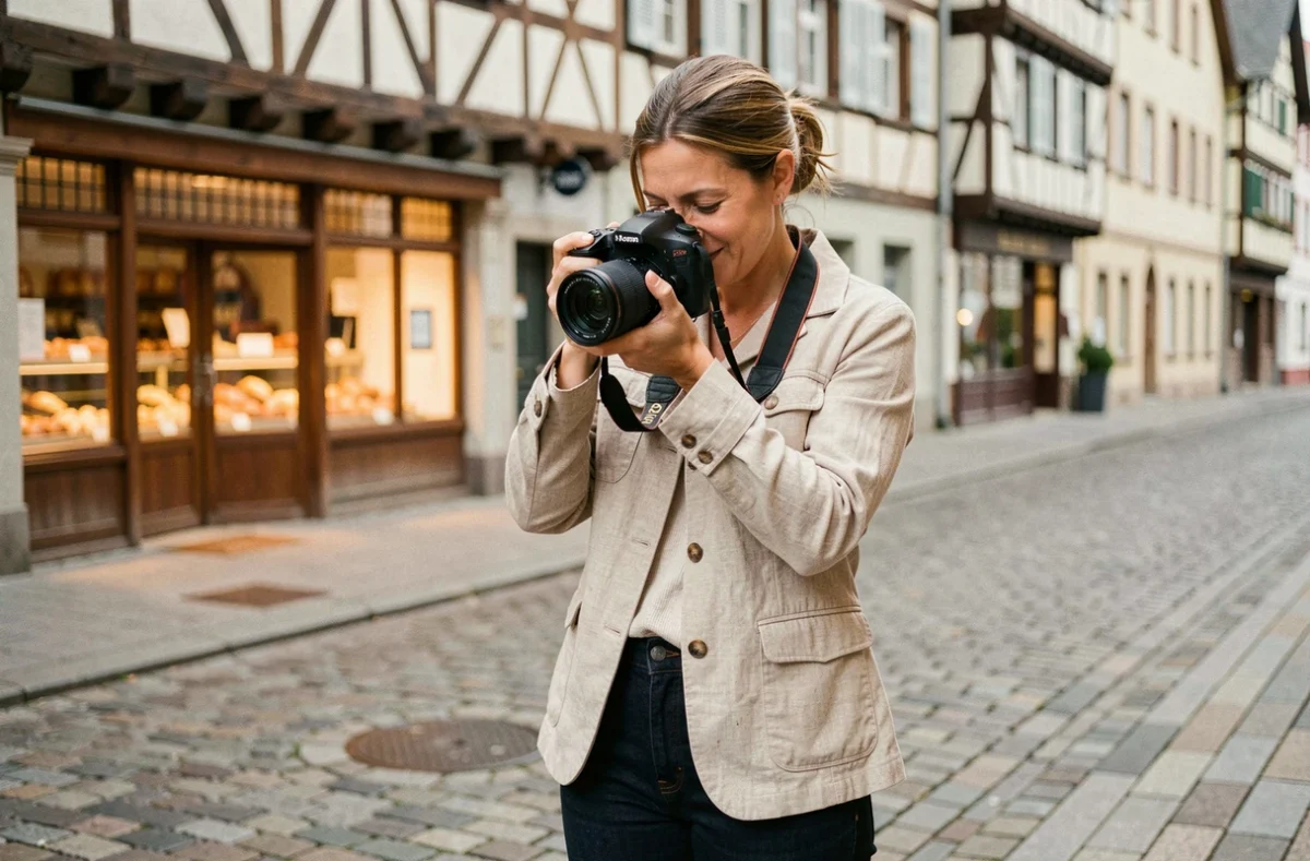 Photographe professionnelle à Schiltigheim ajustant son appareil photo dans une rue alsacienne typique