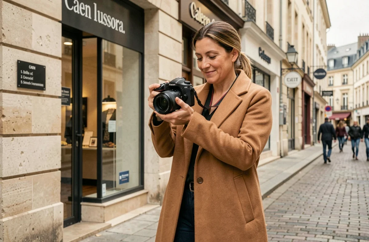 Photographe professionnelle réalisant un reportage commercial dans une rue commerçante de Caen