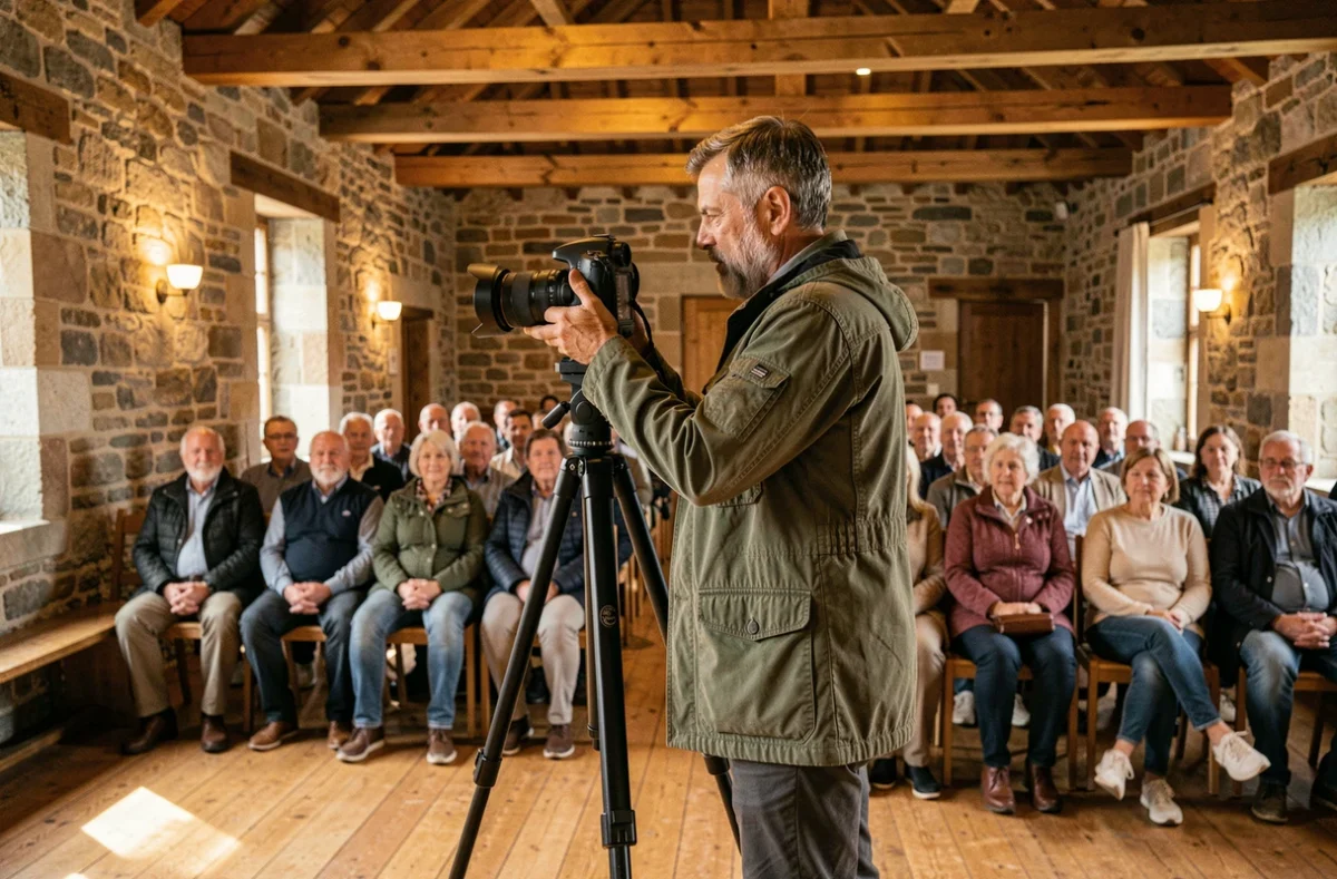 Photographe installant son équipement dans une salle des fêtes béarnaise à Oloron pour un événement associatif