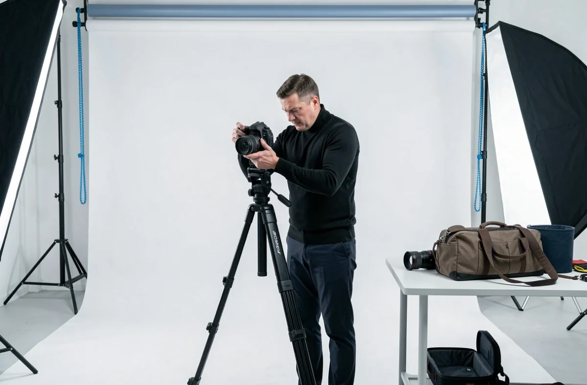 Photographe professionnel préparant son studio photo à Caen avec trépied et matériel