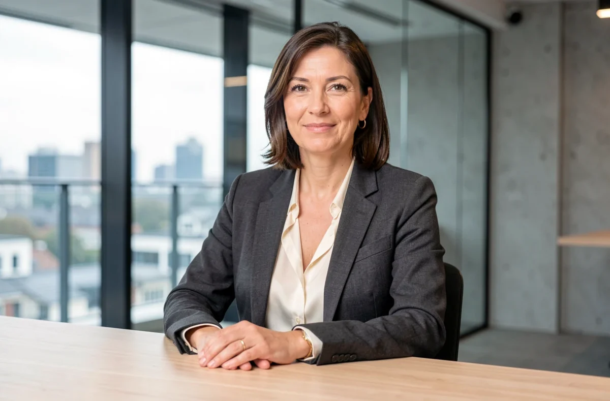 Portrait professionnel d'une femme en blazer dans un espace de coworking moderne à Clichy pour photo corporate
