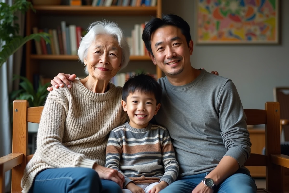 Portrait familial de trois g&eacute;n&eacute;rations &agrave; la maison