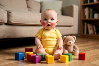 Poupée parlante et marchante posée sur un parquet en bois entourée de jouets colorés dans un salon familial