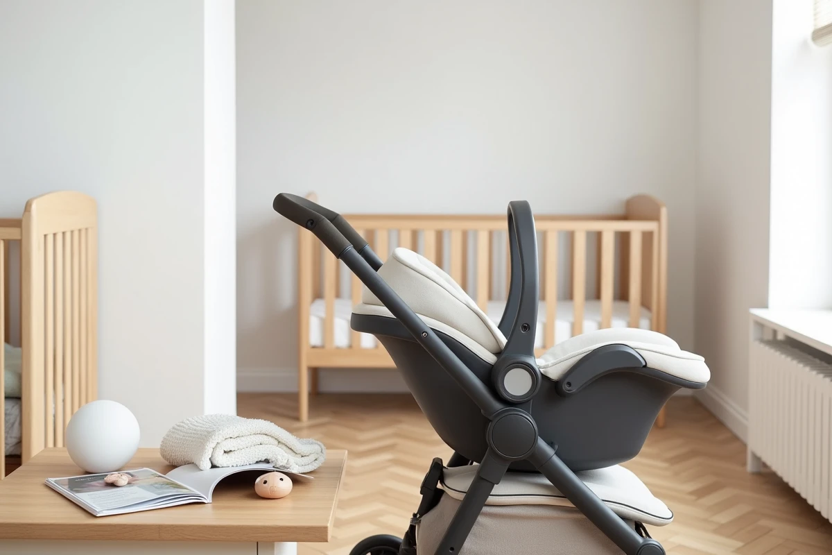 Poussette 4 en 1 en mode travel system installée dans une chambre de bébé minimaliste avec accessoires de liste de naissance
