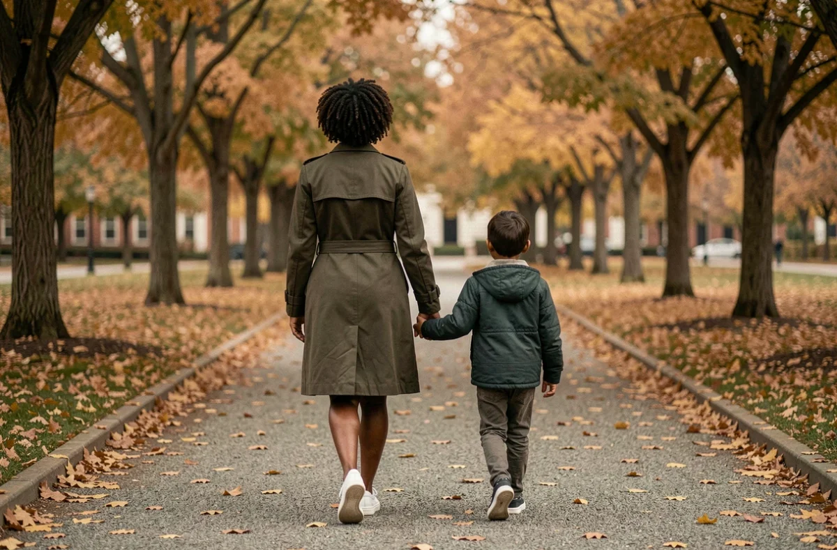 Femme célèbre se promenant anonymement avec son enfant dans un parc automnal pour préserver son intimité