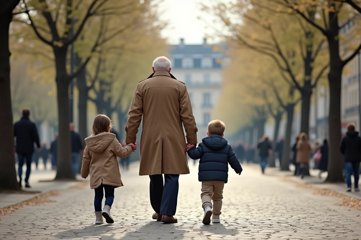 Famille marchant dans une rue parisienne au printemps