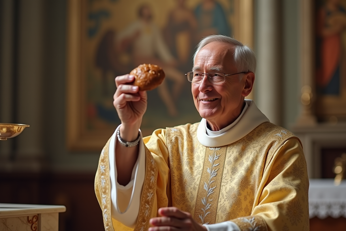 Prêtre catholique célébrant la communion dans une cathédrale lumineuse