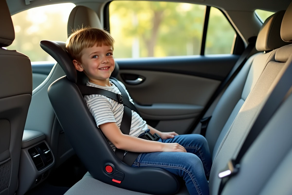 Enfant de 6 ans assis sur un réhausseur sans dossier avec ceinture de sécurité dans une voiture