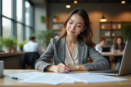 Femme préparant son retour au travail après un congé parental en révisant des documents administratifs dans un bureau moderne