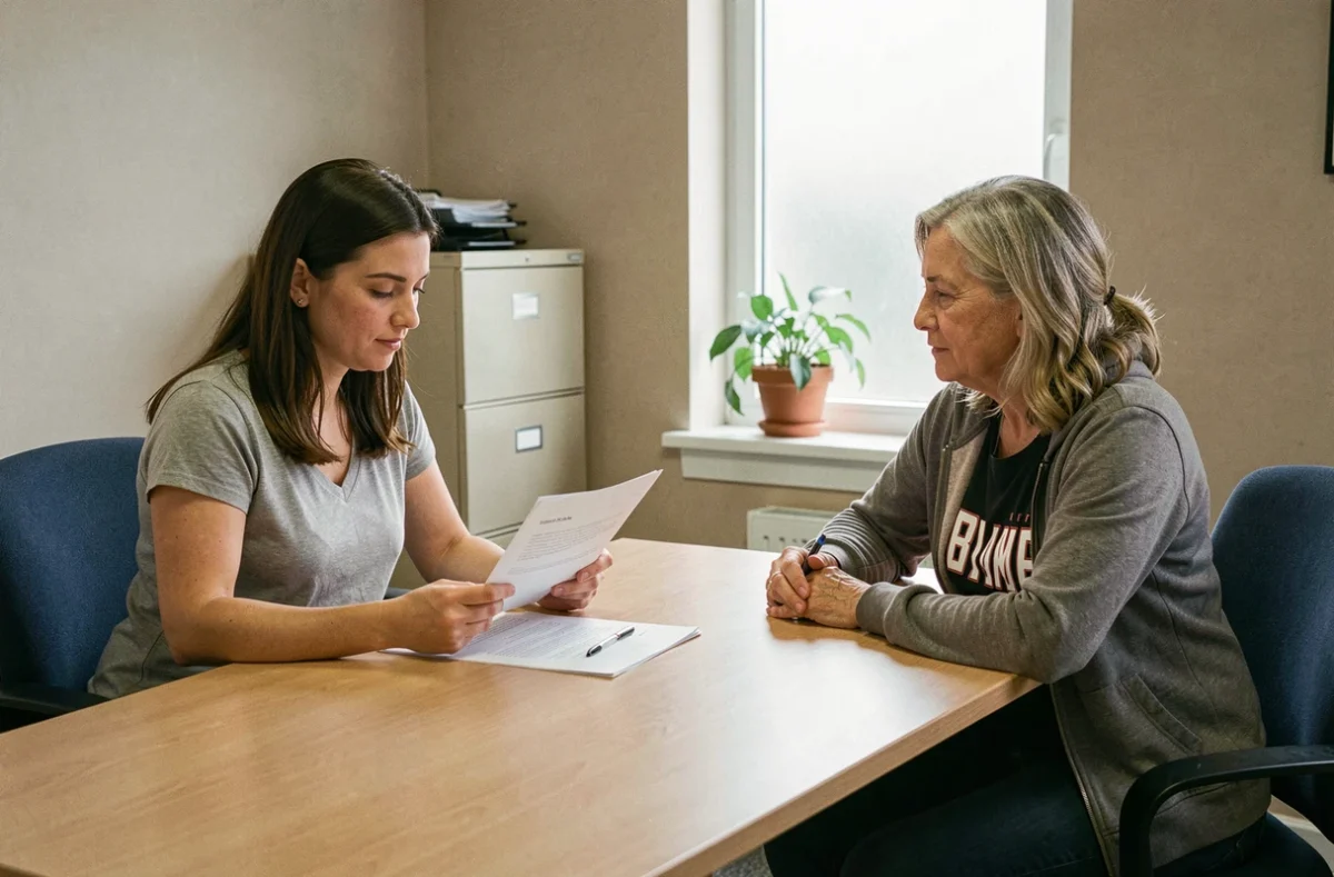 Assistante sociale et famille d'accueil discutant des revenus et des aides financières pour l'accueil de quatre enfants