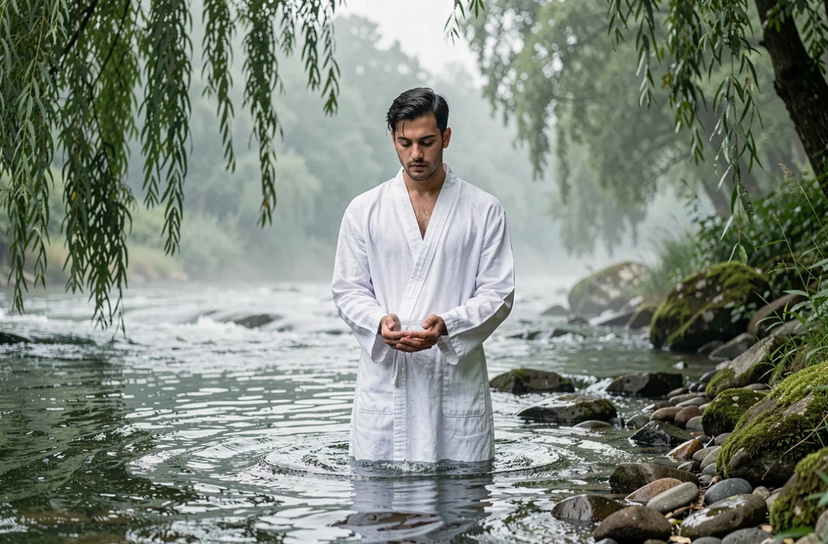 Jeune homme en robe blanche dans une rivière naturelle évoquant le rite du baptême chrétien et l'origine historique du prénom Baptiste