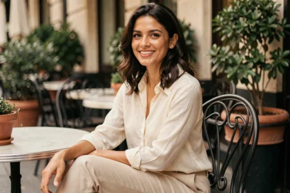 Portrait d'une femme élégante souriante à la terrasse d'un café parisien, évoquant la vie amoureuse et personnelle de Rym Ben Ameur