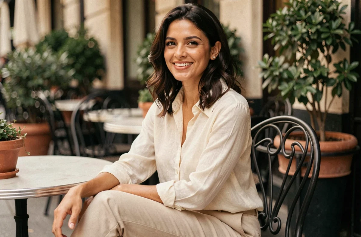 Portrait d'une femme élégante souriante à la terrasse d'un café parisien, évoquant la vie amoureuse et personnelle de Rym Ben Ameur