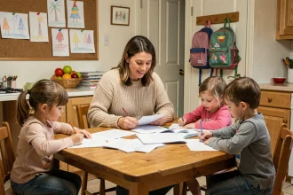 Famille d'accueil avec quatre enfants autour d'une table de cuisine, assistante maternelle examinant des documents administratifs