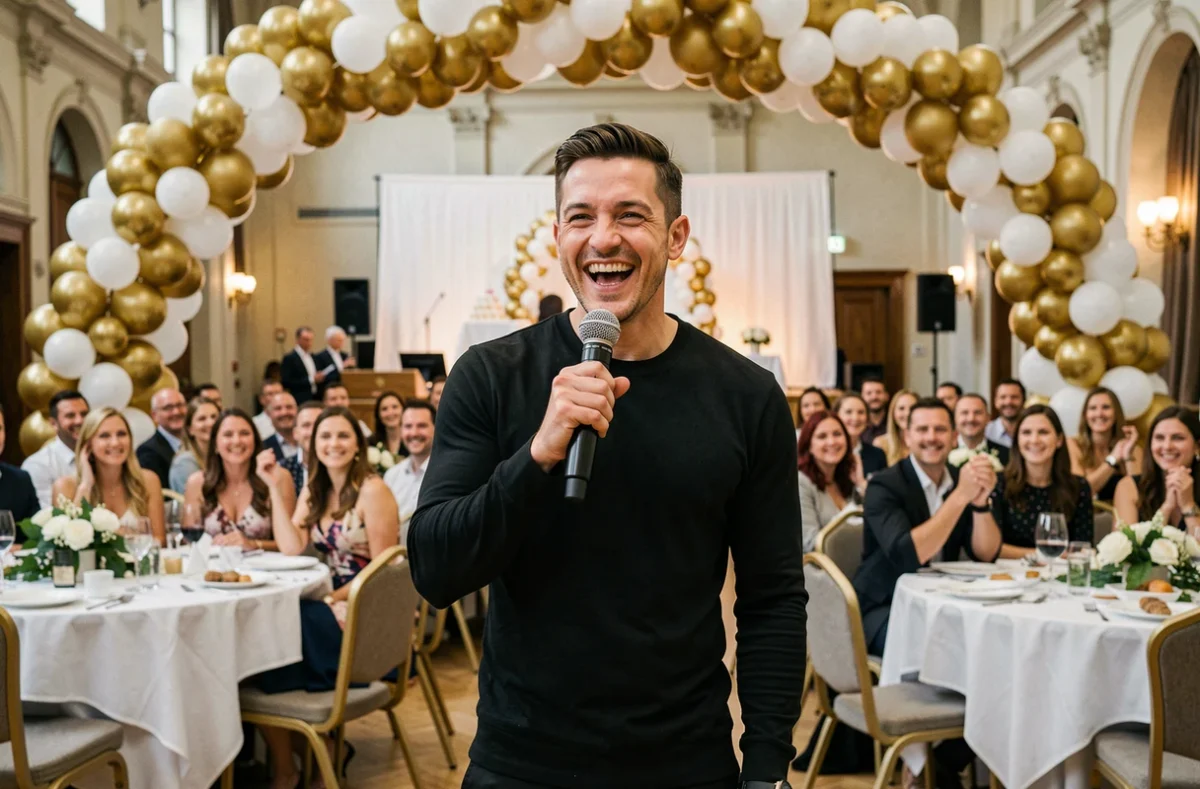 Animateur de soirée anniversaire Sbeat Event sur scène à Strasbourg avec micro et ballons