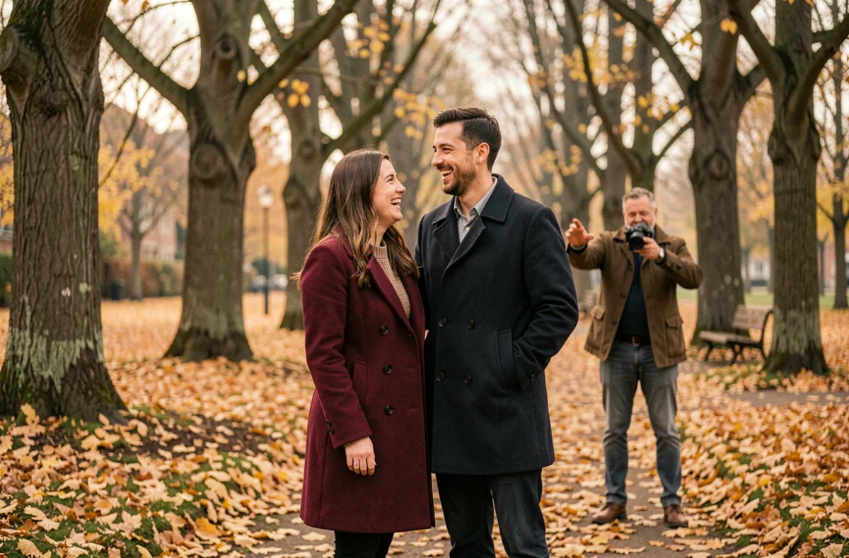 Séance photo de couple en automne dans un parc de Schiltigheim avec un photographe