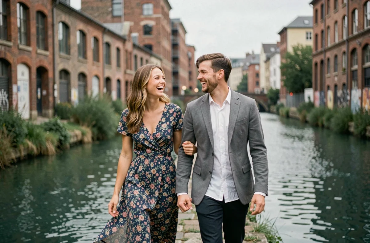 Couple souriant lors d'une séance photo au bord du Canal de Clichy, ambiance candide et naturelle