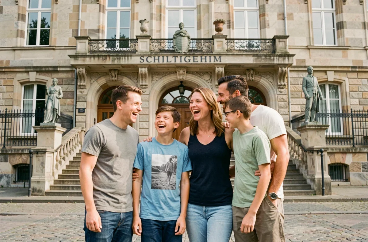 Séance photo de famille devant la mairie de Schiltigheim avec sourires authentiques
