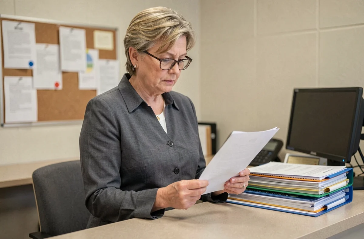 Secrétaire d'école vérifiant un justificatif d'absence scolaire au secrétariat, contexte administratif scolaire
