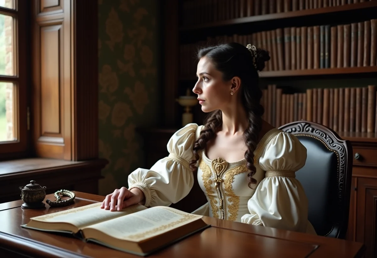 Femme du 17e siècle dans un bureau ancien et richement décoré