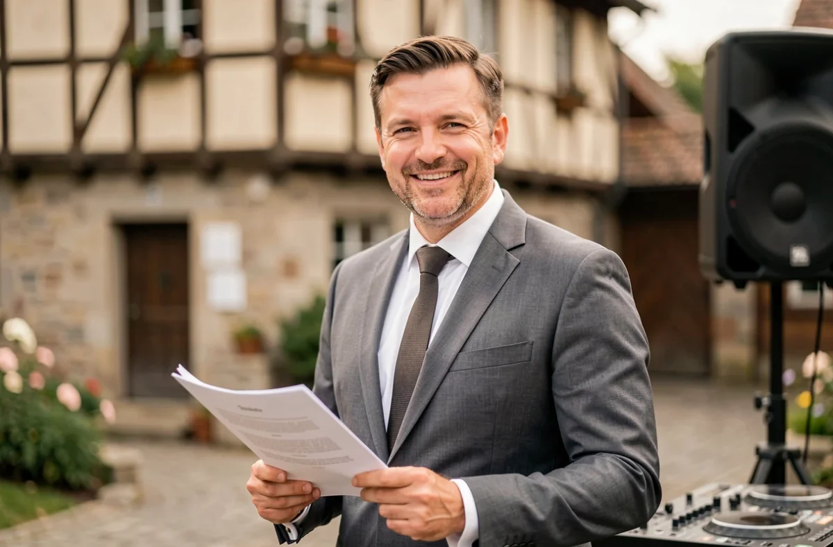 DJ officiant Steve Gerolt en costume gris devant un décor alsacien à Gros-Réderching