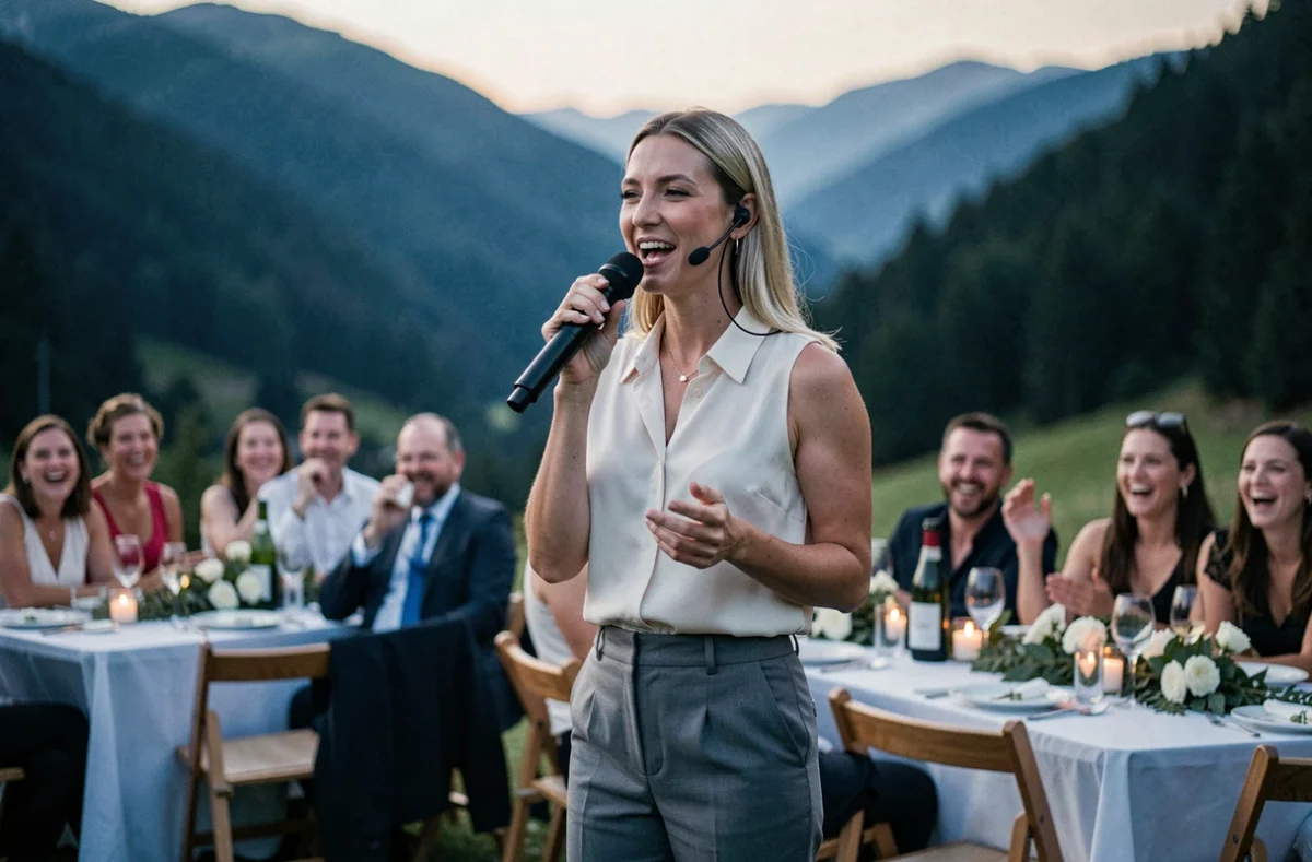Animatrice Val'events au micro lors d'une soirée anniversaire en extérieur dans les Vosges