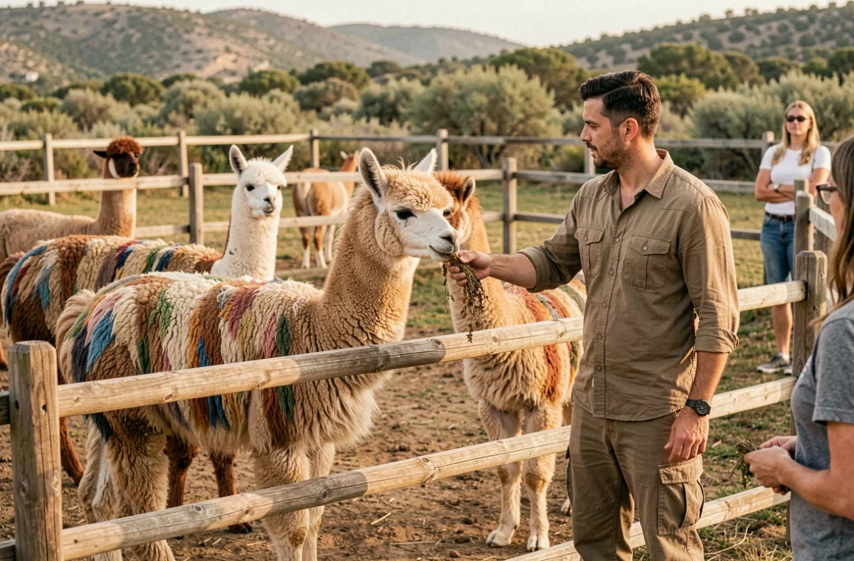Homme interagissant avec un lama dans le paddock de la ferme Var Lamas à Carnoules dans le Var