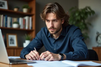 Homme consultant des documents et un ordinateur portable pour vérifier des informations en ligne sur les origines et la famille d'une personnalité publique