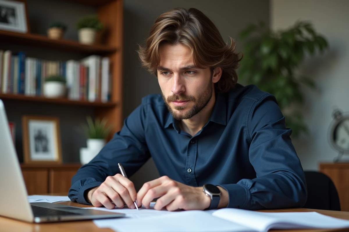 Homme consultant des documents et un ordinateur portable pour vérifier des informations en ligne sur les origines et la famille d'une personnalité publique